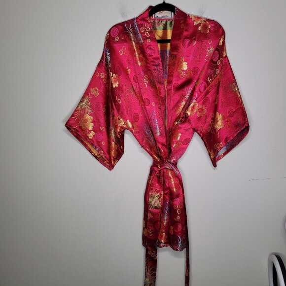 Solz Squirrel Vintage Chinese Satin Kimono One Size Pink Embroidered floral - Picture 14 of 14